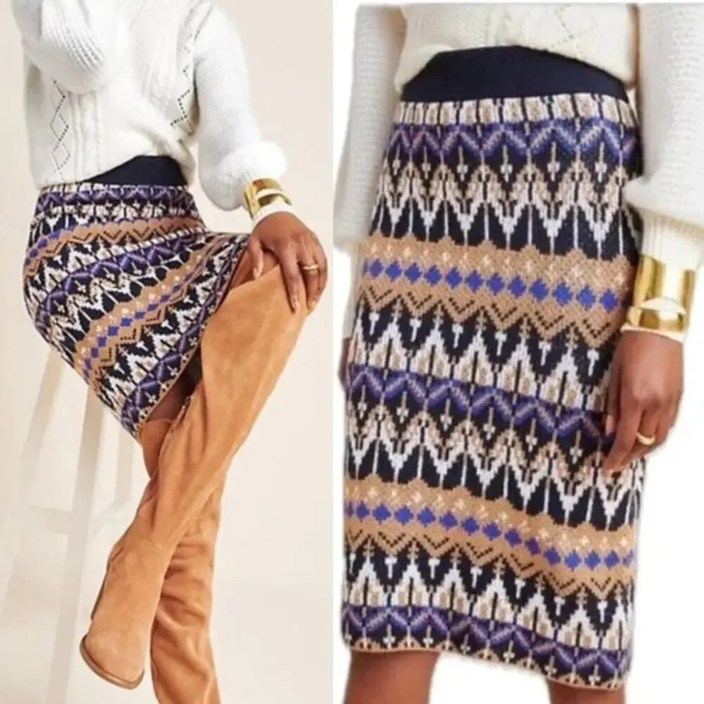 Anthropologie Saoirse Sweater Midi Skirt Size XS Navy Neutral Fair Isle Nordic